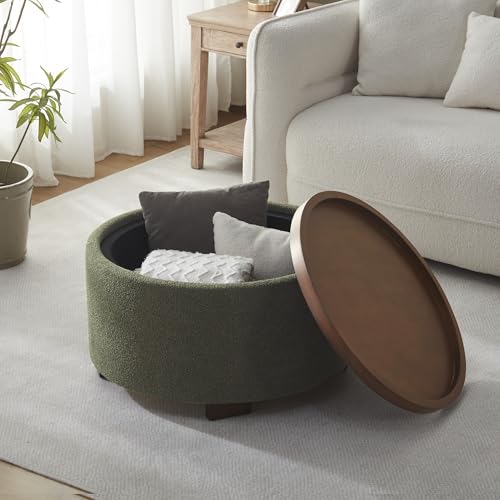 Zihanhome 30 Inch Round Storage Ottoman, Ottoman Coffee Table with Lift Off Lid, Boucle Modern Ottomans with Storage for Living Room, Bedroom, Apartments (Green) - color: Green