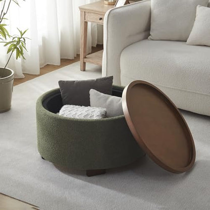 Zihanhome 30 Inch Round Storage Ottoman, Ottoman Coffee Table with Lift Off Lid, Boucle Modern Ottomans with Storage for Living Room, Bedroom, Apartments (Green) - color: Green