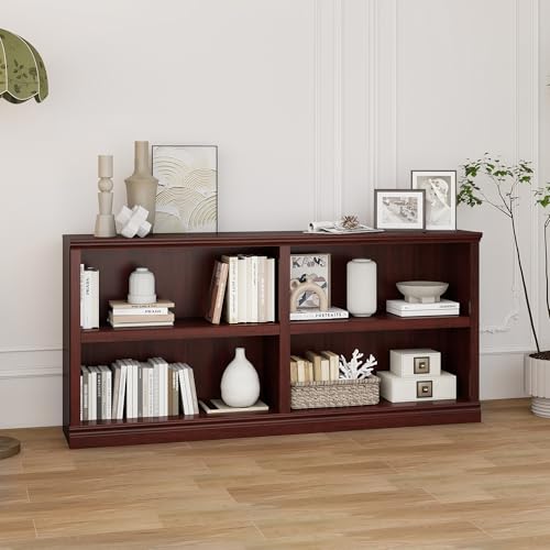 blini Low Horizontal Bookshelf Double Wide 64" 2-Tier Bookcase 4 Cube Storage Organizer Cherry Wood Bookcases for Bedroom and Home Office Decor Display - color: Mahogany, size: 2-shelf
