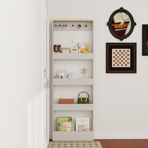 Behind Door Bookshelf Kids,Wooden Slim Tall Bookshelf 4-Tier Narrow Shelf | Space-Saving Book Shelf Organizer for Toys & Story Books Wall Mount Shelves with 5 Hooks Bedroom Living Room Antique White