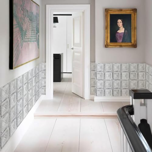 Froluya Distressed Tile Peel and Stick Wallpaper Ceiling 16.9" x 118.1" | Rustic White Contact Paper Embossed Self Adhesive Wallpaper Removable Waterproof Wall Paper for Kitchen Backsplash Vinyl - size: 16.9” x 118.1”