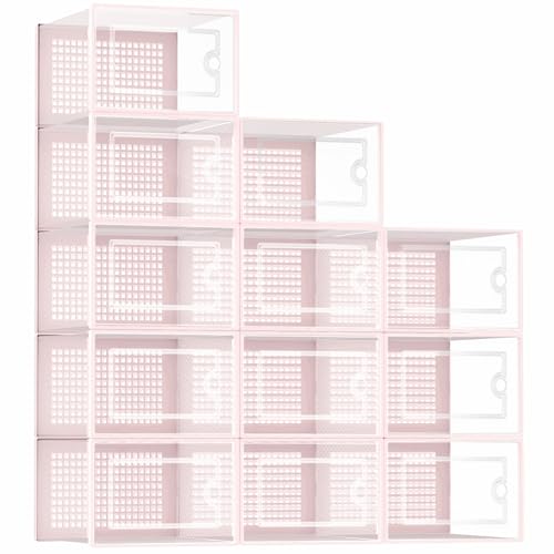 Kuject Shoe Organizers Storage Boxes for Closet, 12 Pack Clear Plastic Stackable Storage Bins with Lids, Under Bed Shoe Containers for Entryway, Drop Front, Fit up to Women's Size 10,Pink | Shoe organizers for closet & entryway, under-bed,Drop-front desig