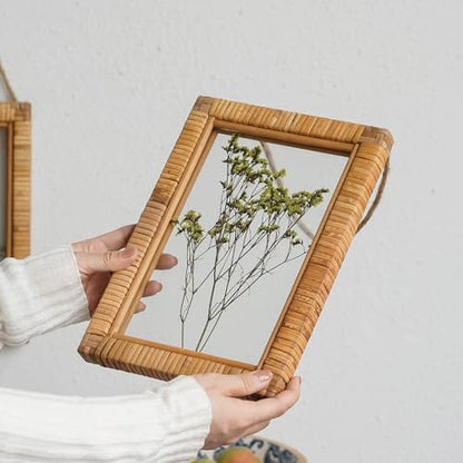 NIKKY HOME Rattan Framed Botanical Wall Art Set of 2 Natural Dried Flowers Grass Plant Artwork with Clear Glass Display Frame and Jute Rope Gallery Wall Decor Living Room Decor