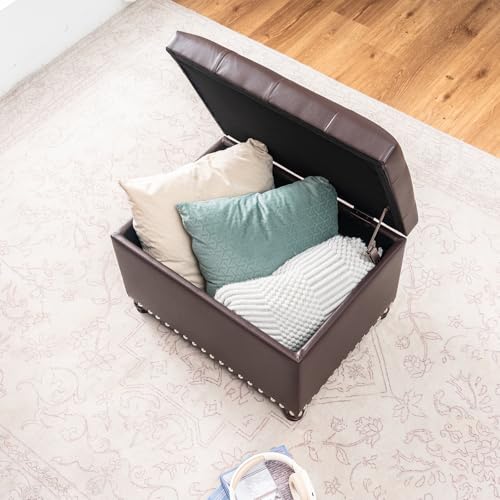 Faux Leather Storage Ottoman Bench Rectangle 24 Inch Foot Rest Ottomans (Brown) - color: Brown