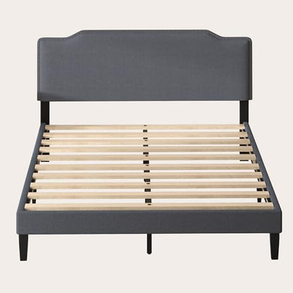 Queen Size Bed Frame with Upholstered Headboard, Platform Bed with Soft Linen Adjustable Headboard | Elegant Studded Design | Wooden Slats | No Box Spring Needed, Queen Bed Frame Dark Grey - color: Dark Grey, size: Queen (U.S. Standard)