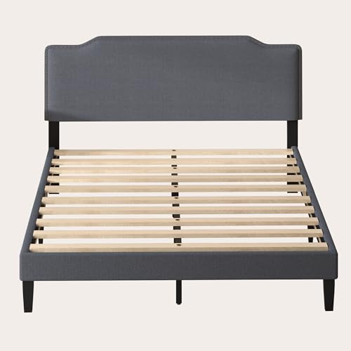 Queen Size Bed Frame with Upholstered Headboard, Platform Bed with Soft Linen Adjustable Headboard | Elegant Studded Design | Wooden Slats | No Box Spring Needed, Queen Bed Frame Dark Grey - color: Dark Grey, size: Queen (U.S. Standard)