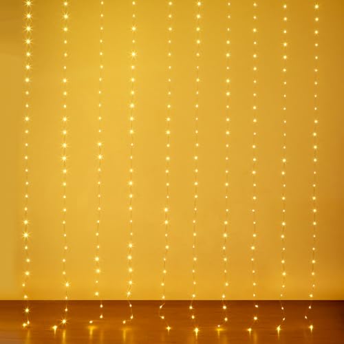 Fairy Curtain Lights 10ft x 10ft, 300 LED Twinkle String Lights | Warm White,Remote,Timer,Dimmable, USB Plug-in & IP65 Waterproof for Bedroom Backdrop Wall Patio Party Wedding Christmas Decor - size: 300-LED Warm White 10ft x 10ft