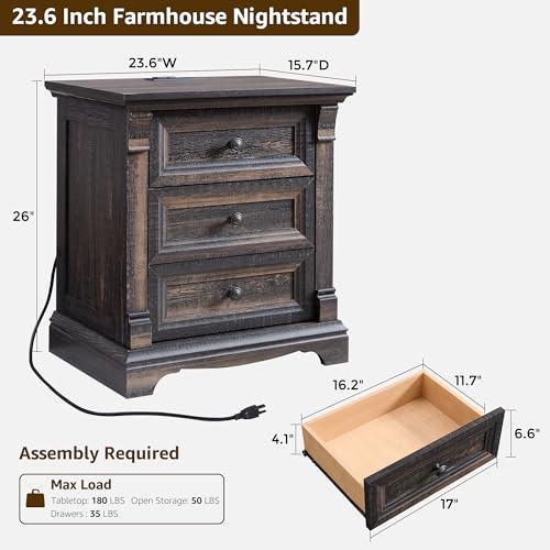 26"H Night Stand Set of 2, 23.6"W Wooden End Table with Charging Station | Wood Side Table w/Roman Column, End Tables Living Room Set Of 2, Bedside Cabinet for Bedroom, Living Room, Dark Rustic Oak - color: Dark Rustic Oak, size: 23.6"W x 15.7"D x 26"H