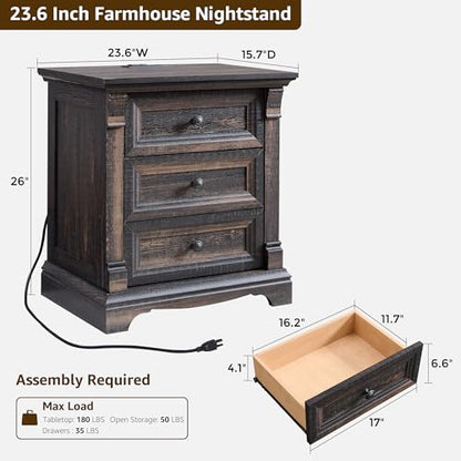 26"H Night Stand Set of 2, 23.6"W Wooden End Table with Charging Station | Wood Side Table w/Roman Column, End Tables Living Room Set Of 2, Bedside Cabinet for Bedroom, Living Room, Dark Rustic Oak - color: Dark Rustic Oak, size: 23.6"W x 15.7"D x 26"H