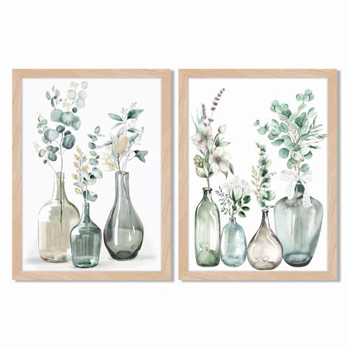 Framed Sage Green Boho Plant Wall Art Set of 2 Bohemain Botanical Wall Printing Neutral Canvas Prints with Eucalyptus Leaf and Glass Bottle Wall Decor For Kitchen Dining Room Living Roon Bathroom 12x16IN - color: Plant kitchen Framed, size: 12"L x 16"W