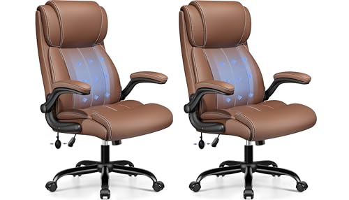 BESTFAIR High Back Leather Office Chair with Air Lumbar, Flip Arms, Brown | Inflatable Lumbar Support, Flip-Up Armrests, Cushioned 21" Wide Seat, Scratch-Resistant PU Leather, Rocking Function, 2 Pack - color: Brown, size: 2 Pack