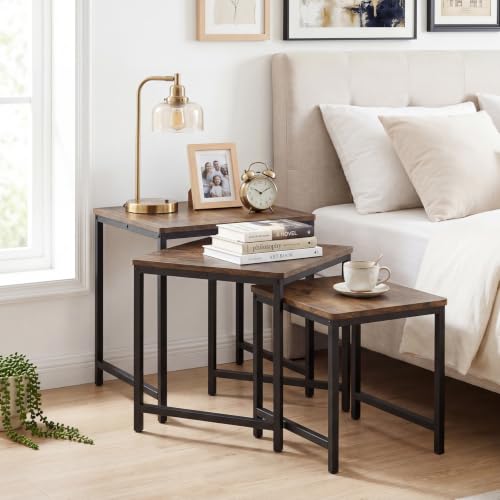 Giantex Nesting Coffee Table Set of 3, Small Center Tables for Living Room | Modern Coffee Table with Metal Frame, Space-Saving Stacking End Table for Small Space - color: Rustic Brown