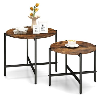GOFLAME Nesting Coffee Table Set of 2, Round Coffee Tables with Wood Tabletop & Heavy-Duty Metal Frame, Modern Circle End Table & Side Tables, Nesting Tables for Living Room, Bedroom (Rustic Brown) - color: Rustic Brown