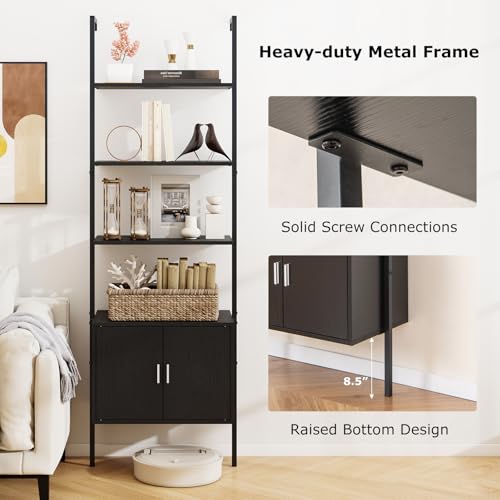 Giantex 72.5" Ladder Bookshelf with Cabinet, 5-Tier Tall Wall-Mounted Shelf w/Storage, Modern Style Kitchen Open Shelving Organizer, Heavy-Duty Metal Frame Display Rack for Living Room,Black - color: Black