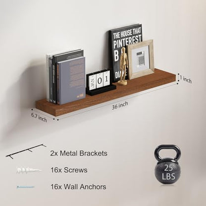 SAUMONIERES Floating Wall Shelves for Bedroom Bathroom Wall Mounted Solid Wood 36 Inches Long Shelf Set of 2, Walnut Floating Shelves - color: Walnut, size: 36 Inch-2 shelves