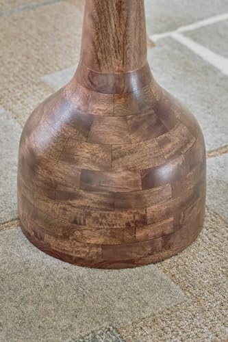 Signature Design by Ashley Round Pedestal Accent Table, Joville | Wood pedestal side table, Compact 14-in diameter tabletop, Space-saving profile for tight nooks, Contemporary home styling - color: Medium Brown
