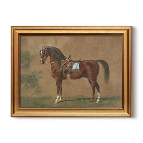 HUARCEY Gold Framed Vintage Brown Horse Portrait Wall Art 12x16 inch | Antique Wildhorse Painting Western Equine Poster Print Country Wildflower Landscape Artwork Decor for Bedroom Living Room - color: Horse Strolling in the Spring, size: 16"L x 12"W