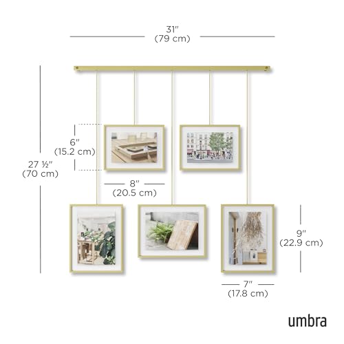 Umbra Exhibit Picture Frame Set, Adjustable Wall Mount, Set of 5, Brass | Steel construction, customizable layout, damage-free hanging, fits 4x6 and 5x7 photos, includes mounting hardware - size: Pack of 5