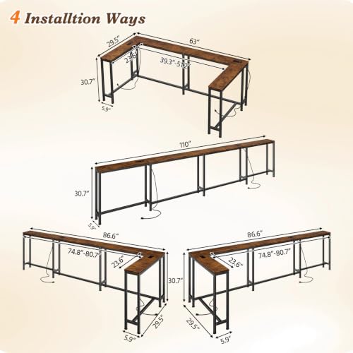 110.2" Narrow Adjustable Console Table with 2 Outlets, 39.3"-51.2" Adjustable Length U Shaped Table Behind Couch, 4 Assembly Options, Extra-Long L Shaped Entryway Tables for Living Room, - color: Rustic Brown