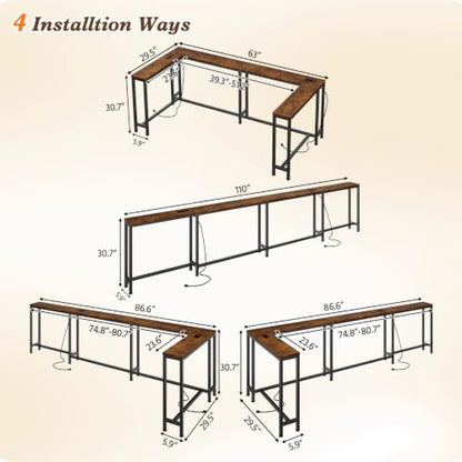110.2" Narrow Adjustable Console Table with 2 Outlets, 39.3"-51.2" Adjustable Length U Shaped Table Behind Couch, 4 Assembly Options, Extra-Long L Shaped Entryway Tables for Living Room, - color: Rustic Brown