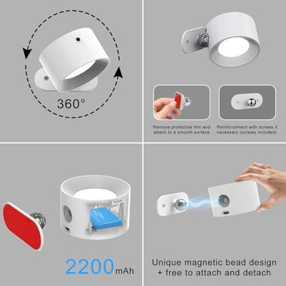Deyagoo 2PACK LED Wall Sconce, Rechargeable Wall Light with Remote-Black | 3 Colors, Dimmable, Magnetic Rotating Head, 360 Degree Rotate - color: Black-B