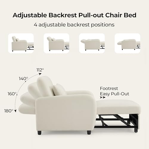 CHITA Sleeper Chair, Pull Out 3-in-1 Convertible Single Sofa Bed Chair with Adjustable Backrest, Chenille Chaise Lounge Chair for Living Room, Bedroom & Apartment - color: Cream