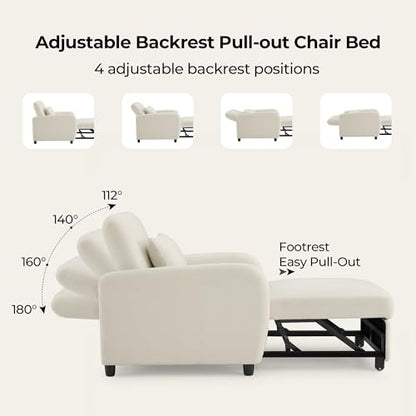 CHITA Sleeper Chair, Pull Out 3-in-1 Convertible Single Sofa Bed Chair with Adjustable Backrest, Chenille Chaise Lounge Chair for Living Room, Bedroom & Apartment - color: Cream