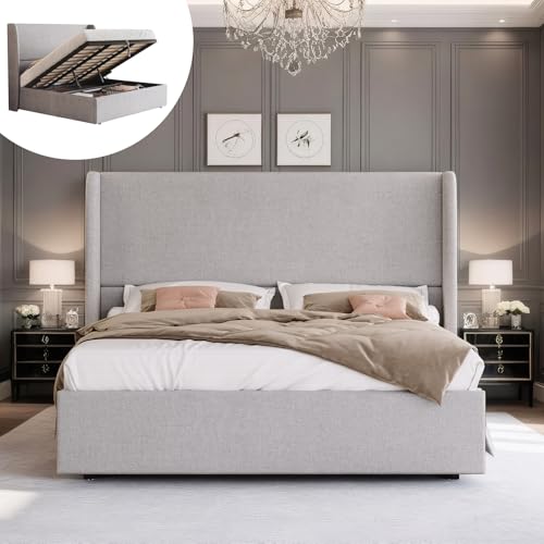 King Size Lift Up Storage Bed Frame with 51.2" Wingback Headboard, Linen Upholstered Platform Bed, Hydraulic Support System, Reinforced Metal Structure, No Box Spring Needed, Light Grey - color: Light Grey, size: King (U.S. Standard)