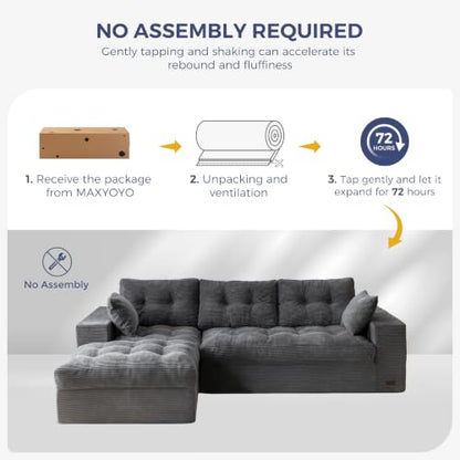 MAXYOYO Boneless Couch, 96-Inch L-Shaped Cloud Couch with Ottoman | Dark Grey Layered Cushion and Flexible Modules Create an Upholstered Sofa in a Box, No Assembly for Spacious Living Rooms. - color: Dark Grey, size: 96" L Shape