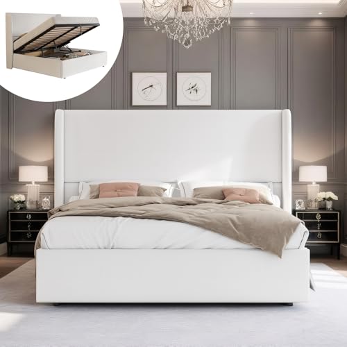 Queen Size Lift Up Storage Bed Frame with 51.2" Wingback Headboard, Linen Upholstered Platform Bed, Hydraulic Support System, Reinforced Metal Structure, No Box Spring Needed, White - color: White, size: Queen (U.S. Standard)