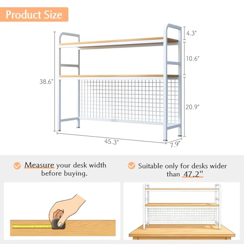 IOTXY 2-Tier Desktop Hutch Bookshelf, Metal Desk Shelf, White, 45.3" W | Steel Frame, 2 MDF Shelves, Grid Panel with 5 Hooks, Fits Over Monitors Up to 27" for Dorm Desks and Home Offices - color: White, size: 45.3"W