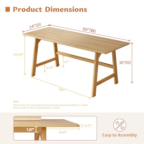 IOTXY Solid Wood Writing Table - 60" W Minimalist PC Computer Desk, Oak | Minimalist Modern Style, 100% Solid Wood, Spacious Surface, Moon-Shaped Legs, Super Stable, 265-lbs Capacity, 15-Min Assembly - color: Oak, size: 60" W