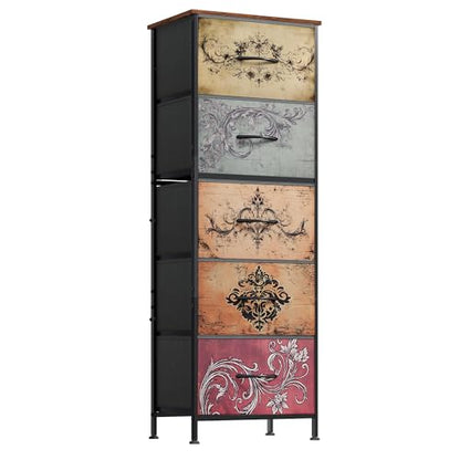 WLIVE Tall Dresser for Bedroom, 5 Drawer Dresser, Pattern | 5 vertical fabric drawers, Tall vertical design, Bedroom or closet use, Dresser for small spaces, Chest of drawers - color: Pattern