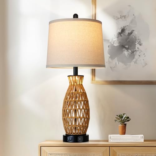 CINSARY 27" Boho Rattan Table Lamp Single with Night Light, Handwoven Wicker Bedside Lamp with USB A+C Charging Port, Woven Coastal Bedroom Lamps for Night stand, Beach Living Room Lamps for End Table - color: Rattan(1 Pack)