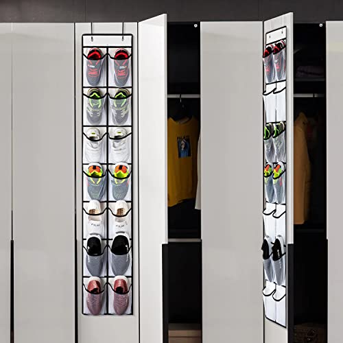 KEEPJOY 2 Pack White 14 Pockets Over the Door Shoe Organizer, Hanging Shoe Organizer with 4 Hooks, Shoe Holder with 14 Mesh Pockets Closet Door Shoe Storage Bag (White-2Pack) - color: White-2 Pack of 14