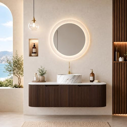 48” Floating Bathroom Vanity with Sink, Fluted Wall-Mounted Solid Wood Cabinet, White Marble-Pattern Ceramic Basin, Faux Marble Top, Soft-Close Drawer, Pre-Assembled, Walnut Woodgrain - color: 03 - Walnut Woodgrain, size: 48"