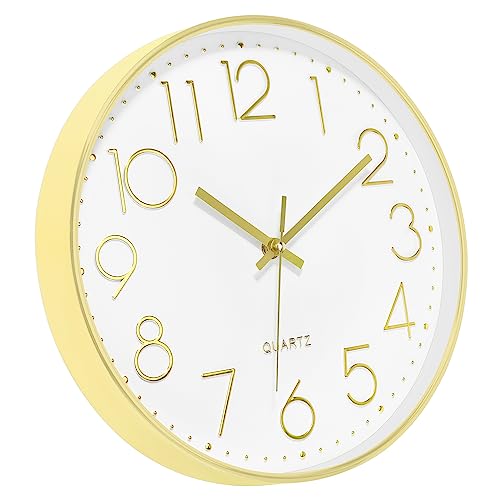 Foxtop Large 14" Wall Clock Silent Battery Operated Analog Clock, Gold | Non-Ticking, Round, Quartz, Easy to Read, Living Room, Bedroom, Kitchen, Office - color: Gold, size: 14 Inch Quartz