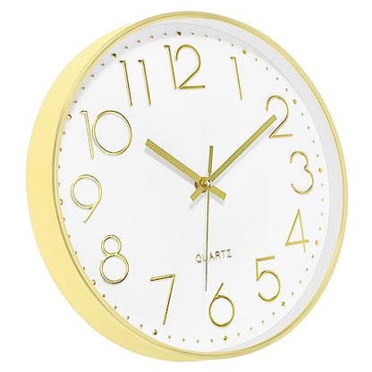 Foxtop Large 14" Wall Clock Silent Battery Operated Analog Clock, Gold | Non-Ticking, Round, Quartz, Easy to Read, Living Room, Bedroom, Kitchen, Office - color: Gold, size: 14 Inch Quartz
