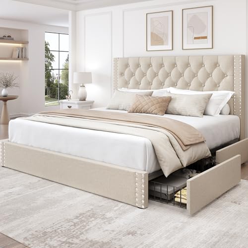 King Size Bed Frame with 4 Storage Drawers and Tufted Headboard Linen Upholstered Platform Bed Frame with Heavy Duty Wood Slats, No Box Spring Needed, Easy Assembly, Beige - color: Beige, size: King