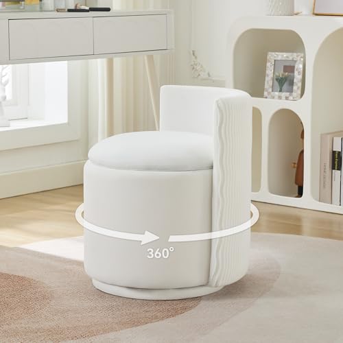 WUTUTUEE Velvet Vanity Chair with Storage, 360° Swivel Makeup Chair with Wave Back, No Assembly Small Accent Stool for Bedroom, Dressing, Living Room, White - color: White, size: Regular