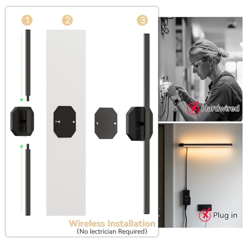 Battery Operated Wall Sconce Set of Two,Wireless Wall Sconces USB Rechargeable Wall Lights with Remote Control,3000K-6000K Dimmable for Bedroom,Background Wall,Living Room,Hallway,Wall Decor,28inch - size: 28 inch(2pcs)
