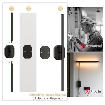 Battery Operated Wall Sconce Set of Two,Wireless Wall Sconces USB Rechargeable Wall Lights with Remote Control,3000K-6000K Dimmable for Bedroom,Background Wall,Living Room,Hallway,Wall Decor,28inch - size: 28 inch(2pcs)