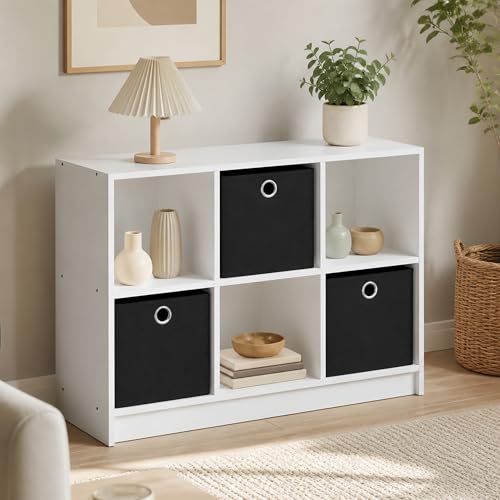 6-Cube Bookshelf with Storage Bins, Cube Bookcase, Book Shelf with Storage Bins, 11.9 x 31.6 x 23.6, for Living Room, Home Office, White/Black - color: White/Black, size: 6 Cube