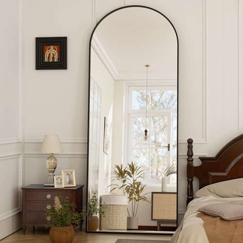 64"x21" Arched Full Length Floor Mirror Full Body Mirror with Stand | Shatterproof Tempered Glass, Aluminum Alloy Frame HD-Free Standing or Leaning Wall Mirror for Bedroom or Living Room - color: Black, size: 64"L x 21"W