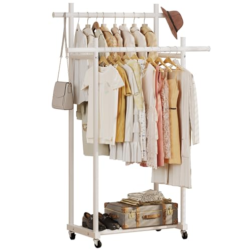 Lutown-Teen Metal Clothes Rack with Lockable Wheels, Double Rods, White | Clothing Rack Heavy Duty with Storage Rods, 150 LB Capacity Garment Rack, Easy Assembly - color: White, size: Double Rods