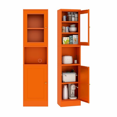 67" Tall Metal Narrow Storage Cabinet | Pantry Cabinet with 2 Doors & 3 Adjustable Shelves - color: 2 Glass Doors-orange, size: 11.81"D x 15.75"W x 66.93"H
