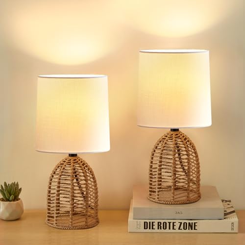 EJIAXIN Rattan Lamp Boho Lamps Set of 2-13.75" Mini Farmhouse Table Lamp Rustic End Table Decorative Small Lamps for Small Spaces Bedroom Nightstand Living Room Reading Desk Side Table Lamp - style: Rustic