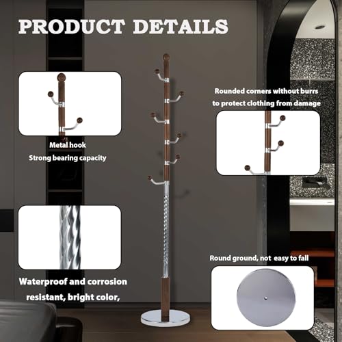 Coat Racks FreeStanding with 11 Hooks, Natural Wood Coat Rack with Solid Round Base, Adjustable Height Coat Racks, Easy Assembly for Hallway, Bedroom and Office (Walnut Metal) - color: Walnut Metal