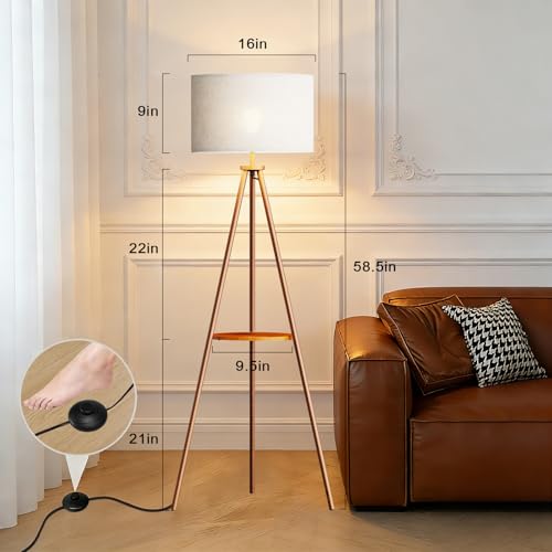 58.3" Mid-Century Tripod Floor Lamp with Shelf, Hidden Wiring, RGB Dimmable Bulb Included, Remote & App Control, Iron Corner Standing Lamp with Linen Shade for Living Room Bedroom