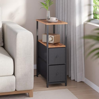 TUTOTAK Narrow End Table with Charging Station, Skinny Side Table | Bedside Table with Outlets, Nightstand with 2 Cloth Drawers, Couch Table for Living Room, Bedroom, Brown and Black TB01BB055K - color: Brown and Black, style: 2 Drawers & Plug